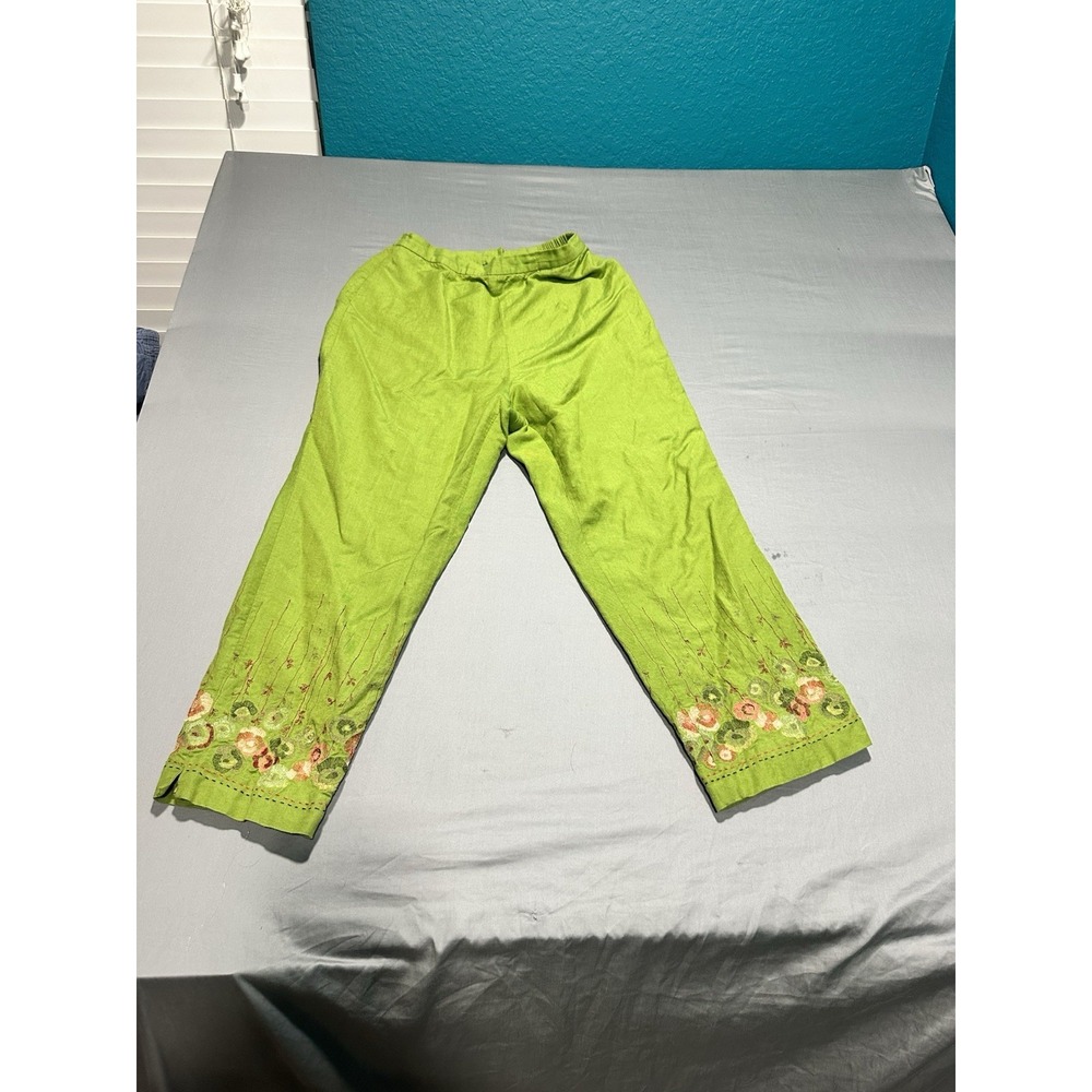 Adrianna Papell Green Linen Mix Floral Embroidered Pants‎ 6